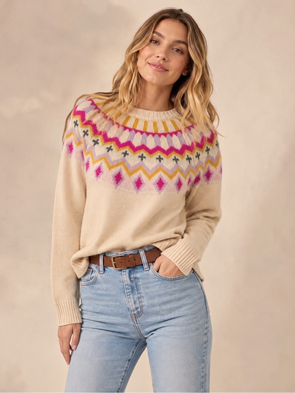 Filoro Cashmere Cream Fair Isle Yoke Sweater Size Small NWT